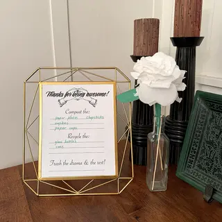 A sign telling guests what is recyclable, compostable and trash